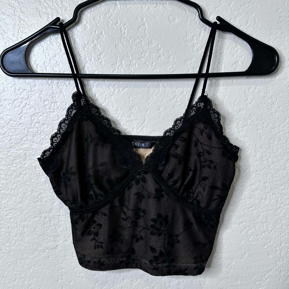SHEIN Flocked Mesh Sheer Cami Top with Lace Trim